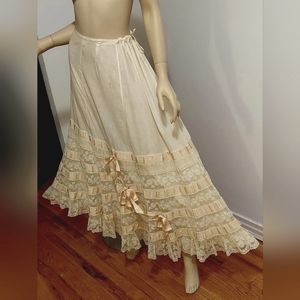 Antique Victorian cotton lace Maxi skirt Ballerina pink Ribbon Bow
